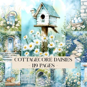 May include: Watercolor illustration featuring a birdhouse, daisies, and other cottagecore elements. The image has a soft, pastel color palette with a bird perched on a light blue birdhouse. The text "COTTAGECORE DAISIES - 119 PAGES -" is displayed.