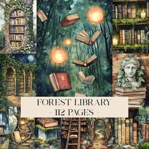 May include: A watercolour illustration depicting a forest library. The image shows floating books, glowing orbs, and various library settings, including bookshelves in trees and stone arches. Text reads "FOREST LIBRARY - 112 PAGES".