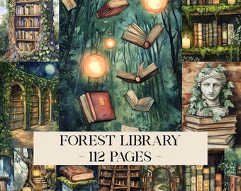 May include: Watercolor illustration of a forest library scene. The image features floating books, glowing orbs, and various library settings, including bookshelves in trees and stone arches. Text reads "FOREST LIBRARY - 112 PAGES".