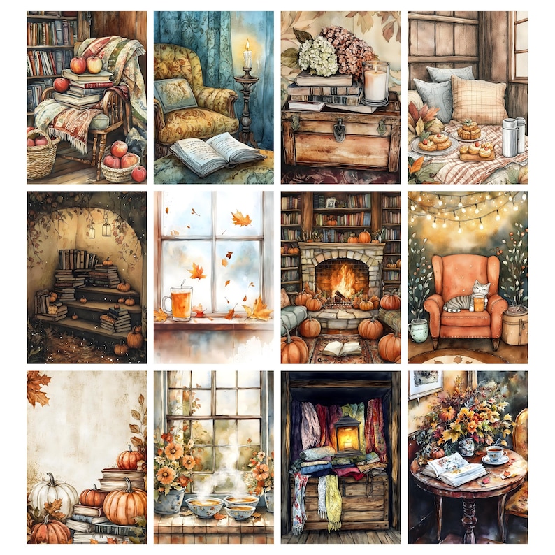May include: A collection of watercolor paintings depicting cozy autumn scenes. Each painting features elements like books, pumpkins, warm drinks, and comfortable seating arrangements. The color palette includes warm oranges, browns, and greens, evoking a sense of comfort and the fall season.