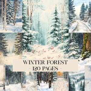 May include: A collection of watercolor paintings depicting winter forest scenes. The images feature snow-covered trees, winding paths, and falling snow. The text "WINTER FOREST - 120 PAGES" is displayed across the center of the image.