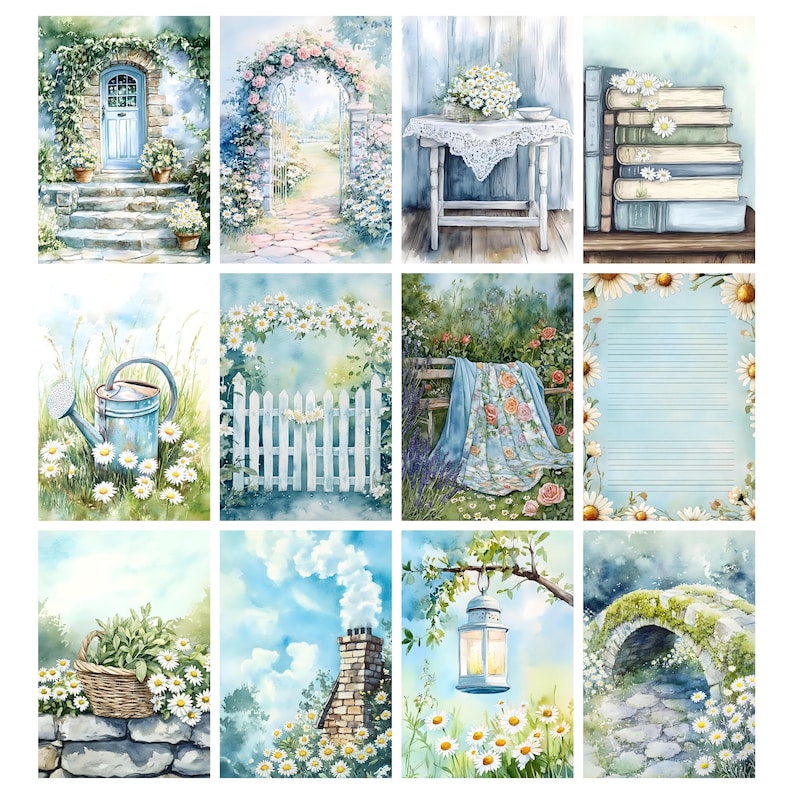 May include: A collection of watercolor illustrations featuring garden scenes. Images include a stone archway, a white picket fence, a watering can, a stack of books, and a table with a lace tablecloth, all surrounded by flowers.