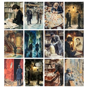 May include: A collection of watercolor paintings depicting scenes of detectives and investigators. The images show individuals in trench coats and fedoras, examining maps, and working in dimly lit rooms. The color palette includes blues, browns, and grays.