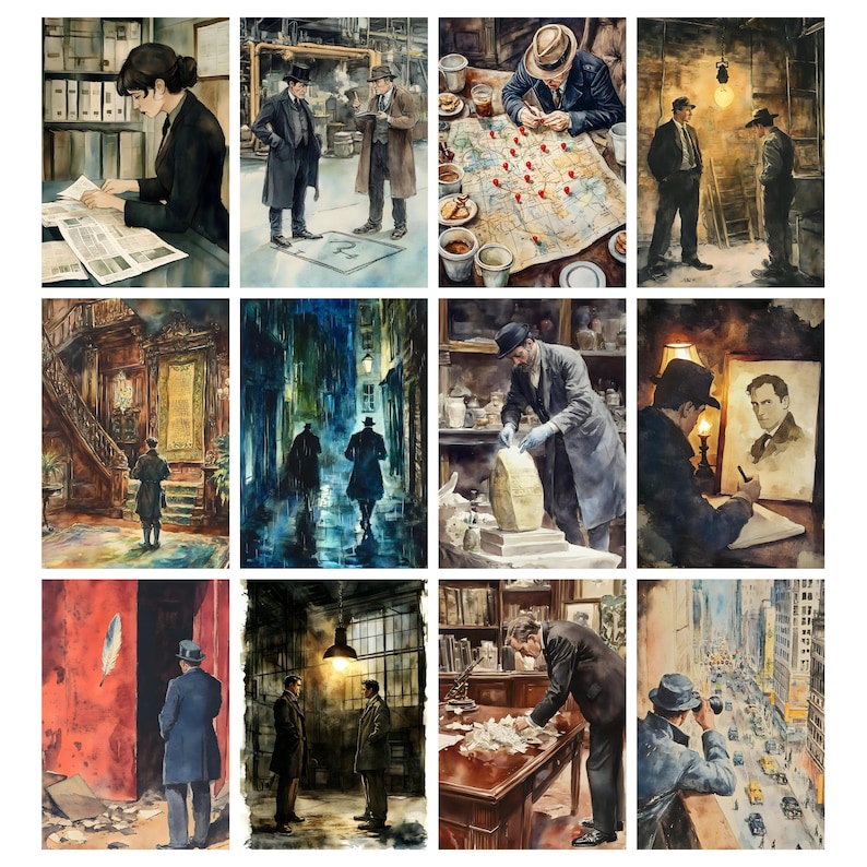 May include: A collection of watercolor paintings depicting scenes of detectives and investigators. The images show individuals in trench coats and fedoras, examining maps, and working in dimly lit rooms. The color palette includes blues, browns, and grays.