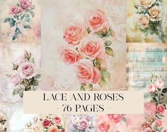 Lace and Roses Printable Paper Pack, Floral Watercolor Scrapbook Papers, Decoupage Papers, Junk Journal, Printable Paper, Digital Download
