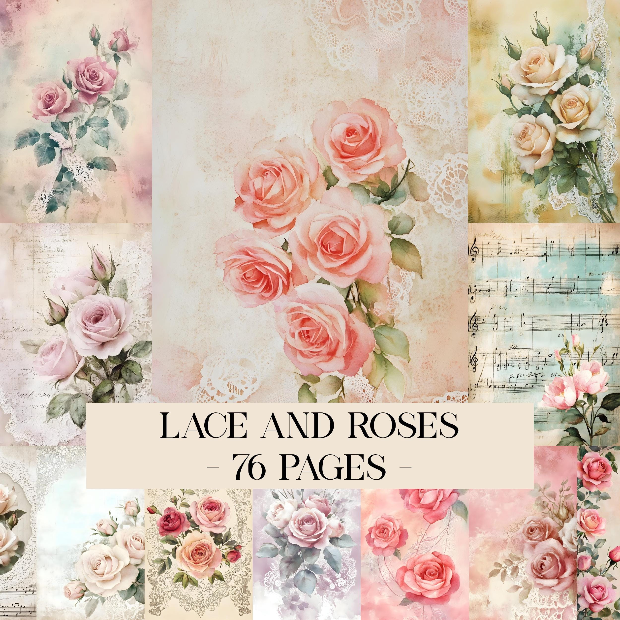 Lace and Roses Printable Paper Pack, Floral Watercolor Scrapbook Papers ...