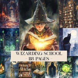 May include: A collage of watercolor illustrations with a wizarding theme. The central image features a young person in a wizard's hat reading a glowing book. Other images include a black cat, a library, and the text "WIZARDING SCHOOL - 118 PAGES".