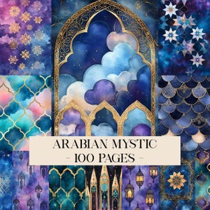 May include: A digital art collage featuring a variety of patterns and designs in shades of blue, purple, and gold. The text "ARABIAN MYSTIC - 100 PAGES" is displayed on a cream-colored banner. The image includes cloud and star motifs.