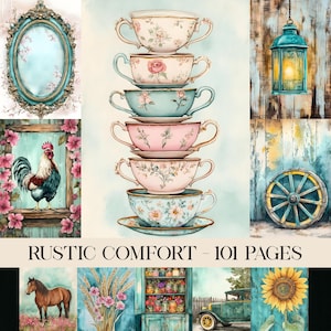 Rustikaler Komfort, Junk Journal Seiten, Digitales Papier, Scrapbooking, Vintage Ephemera, Cottage, Frühlingsmotiv, Cottagecore, Blumen, Bauernhof Tiere