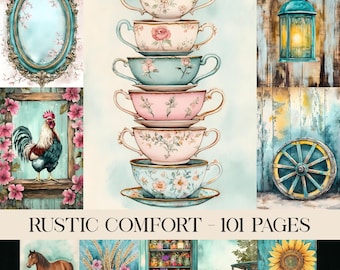 Rustic Comfort, Junk Journal Pages, Digital Paper, Scrapbooking, Vintage Ephemera, Cottage, Spring Theme, Cottagecore, Flowers, Farm Animals
