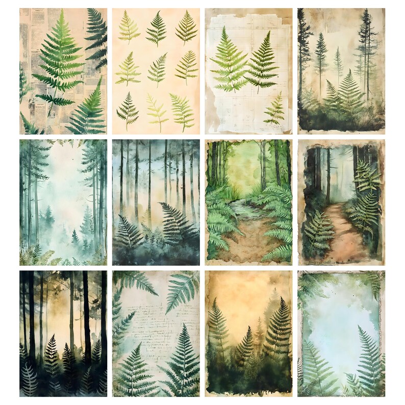May include: A collection of twelve botanical art prints featuring fern illustrations and forest scenes. The prints showcase various shades of green and brown, with some incorporating vintage paper textures and handwritten script. The artwork evokes a natural, rustic aesthetic.