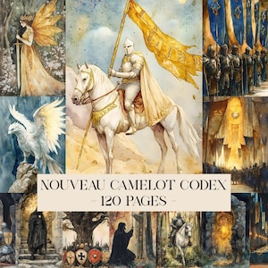 Puede incluir: Ilustraciones en acuarela de escenas de fantasía medieval. Un caballero sobre un caballo blanco sostiene una bandera dorada. Otras imágenes incluyen un hada, un grifo y soldados. El texto dice "NOUVEAU CAMELOT CODEX - 120 PÁGINAS -"
