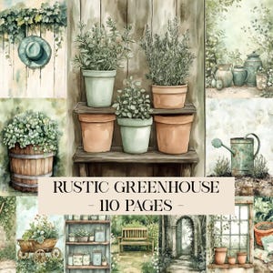 Könnte beinhalten: Aquarellillustration mit einem rustikalen Gewächshaus-Thema. Das Bild zeigt Topfpflanzen, eine Gießkanne und einen Hut. Der Text "RUSTIC GREENHOUSE - 110 PAGES -" wird angezeigt. Die Farbpalette umfasst Grün-, Braun- und Weißtöne.
