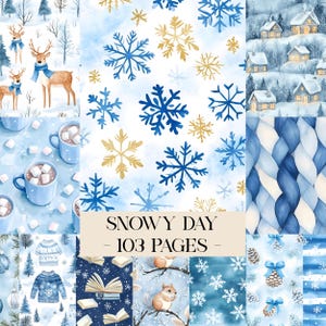 May include: A collage of winter-themed watercolor illustrations. Designs include deer with scarves, snowflakes, cozy cabins, hot cocoa, and a knitted sweater. The text "SNOWY DAY - 103 PAGES" is displayed in a rectangular box.