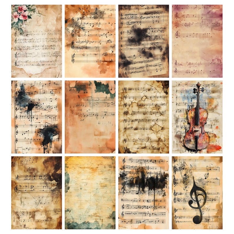 May include: A collection of twelve vintage-style musical sheet prints. The sheets feature handwritten musical notes, with watercolor-style backgrounds in shades of brown, orange, and beige. One print includes a watercolor painting of a violin, and another has a large treble clef.