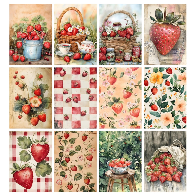Puede incluir: Una colecci&oacute;n de ilustraciones en acuarela con fresas. Las im&aacute;genes incluyen fresas en un cubo de metal, una cesta con una tetera y una taza, una cesta con tarros, una sola fresa grande y varios patrones de fresas.