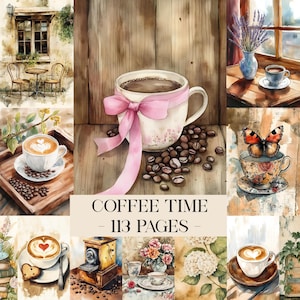 Pode incluir: Colagem em aquarela com temas de café. Uma grande xícara de café com um laço rosa está entre grãos de café. Outras imagens incluem xícaras de café, um moedor de café e o texto "COFFEE TIME - 113 PAGES".