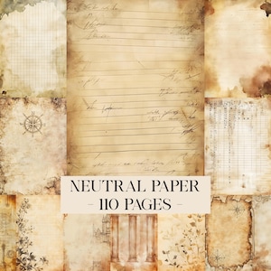 May include: A collage of vintage-style paper sheets with a neutral color palette. The sheets feature aged textures, handwritten script, grid patterns, and botanical and architectural illustrations. The text "NEUTRAL PAPER - 110 PAGES" is displayed.