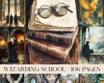 May include: Watercolor illustration featuring a stack of old books, parchment paper, and round eyeglasses. The image includes scenes of a wizarding school, a phoenix, and a wizard reading. Text reads "WIZARDING SCHOOL - 106 PAGES".