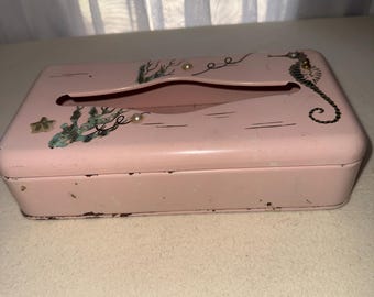 SeaHorse VTG Metal Tissue Box Holder Pink Starfish Ransburg Cottage Shabby USA