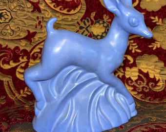 Vtg Niloak Deer Planter Vase Art Deco 1930s Ozark Blue Matte Pottery 8 1/4 inch