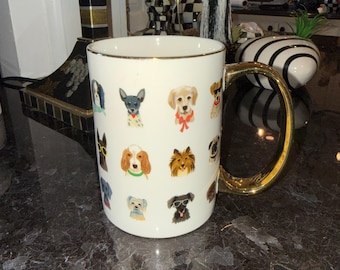 Anthropologie Rifle Paper Co Whimsical Dog Tea Coffee Mug Cup Gold Handle 14oz