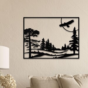 Forest Landscape Metal Wall Art – Nature Scene Wall Decor – Rustic Cabin Artwork Decor – Tree & Bird Silhouette – Modern Home Gift Idea