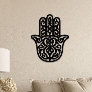 Hamsa Hand Metal Wall Art | Black Laser Cut Decor for Living Room, Entryway, or Office | Spiritual Protection Symbol | Boho Wall Hanging
