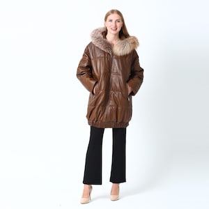 Brown Lambskin Leather Coat with Fur Hood – Women’s Winter Jacket