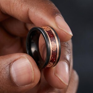 Vintage Brushed Black Tungsten Leaf Ruby Ring Ring Black and Rose Gold Two Tone Mens Wedding Band  Crushed Red Gemstone Ring