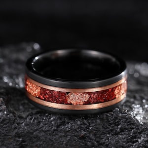 Vintage Brushed Black Tungsten Leaf Ruby Ring Ring Black and Rose Gold Two Tone Mens Wedding Band, Unique  Crushed Red Gemstone Ring