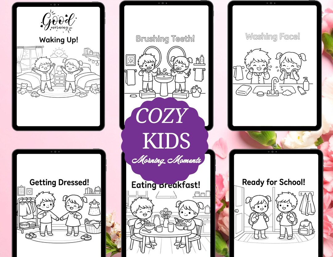 Cozy Kids Morning Routine Coloring Pages, Preschool Printable ...