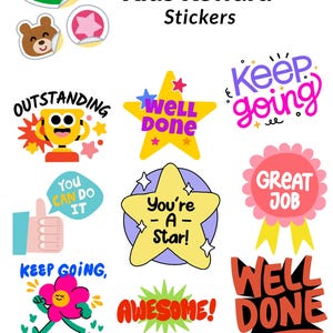 Puede incluir: Una colección de pegatinas de recompensa coloridas para niños con frases como «¡Sobresaliente!», «¡Bien hecho!» y «¡Impresionante!». Las pegatinas presentan estrellas, trofeos y un pulgar hacia arriba, diseñadas para animar y celebrar los logros.