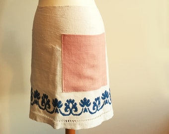 Vintage Linen Apron Handmade from Vintage Fabrics White with Indigo Blue Embroidery and Pastel Pink Pocket One Of A Kind