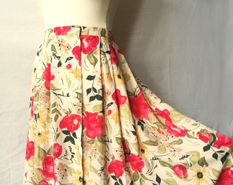 Floral Midi Skirt Summer Lightweight Beige Pink Green Vintage 80s St Michael Full Skirt