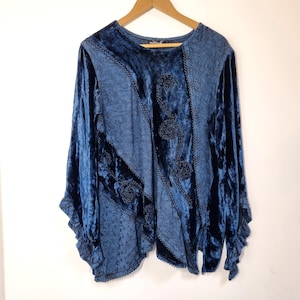 90s Boho Blouse Top Velvet Size L XL Patchwork Blue Teal Made In India Rayon Hippie Witchy Wimsygoth