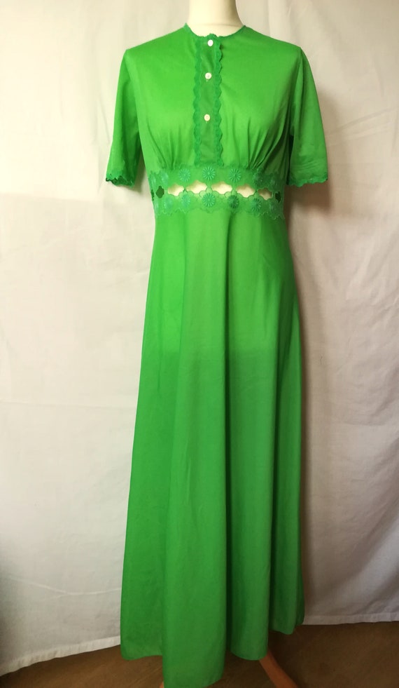 Vintage Nightgown Lingerie Dress Green with Lace … - image 2