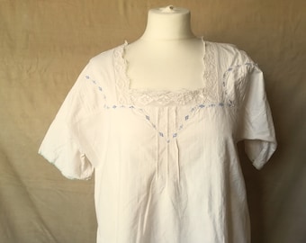 Vintage Nightgown White Cotton Antique Cottage Style Square Neck One Size
