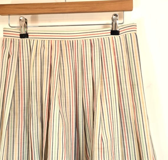 70s 80s Pleated Skirt Striped Size UK 10 12 Waist 30 in Cream