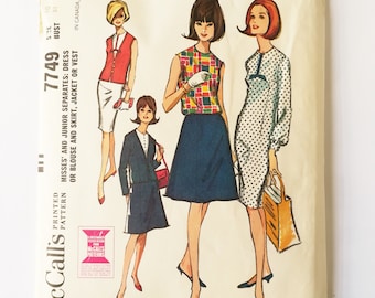 Vintage Sewing Pattern for a 60s Day Dress, Skirt, Jacket and Vest, McCalls 7749, Size 10 Bust 31