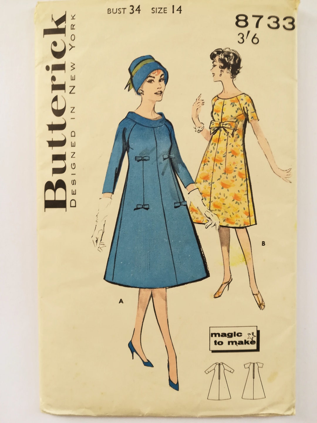 Vintage Dress Sewing Pattern for 50s Trapeze Dress Aline Butterick