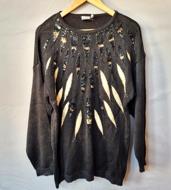 80er Jahre Pullover Strickpullover Größe L 40 46 Schwarz Glitzer