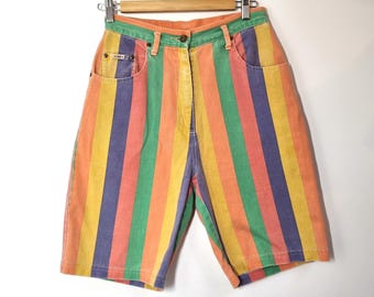 Vintage Jeansshorts Midja 28 Randig Flerfärgad Orange Gul 80-90-tals Gatustil Italien