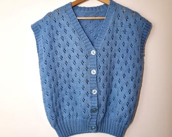 Vintage 80er Jahre Handstrick Pulli Weste Größe L Hellblau Pastellfarben Gestrickter Tank Pointelle Ärmelloser Pullover mit Knöpfen