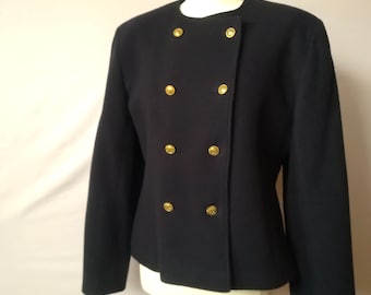 May include: A navy blue blazer with a double-breasted closure and gold buttons.
