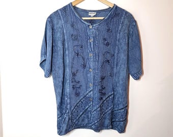Vintage 90s Boho Blouse Size S M Blue Crepe Embroidery Made In India Rayon Hippie Witchy Wimsygoth Fairycore GO EAST