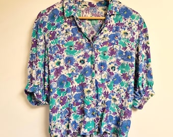 80s Blouse Size Large UK 14 Floral Puff Sleeves Blue Turquoise White Watercolour Peplum