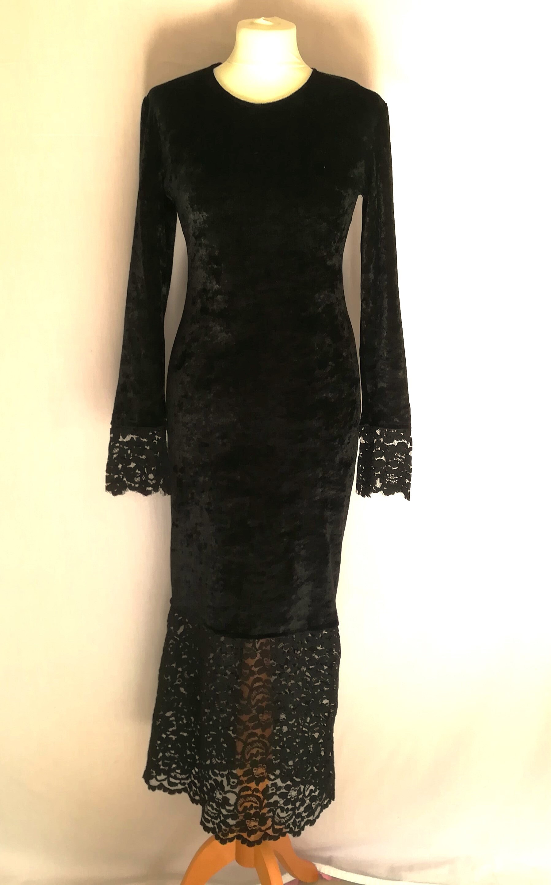 Velvet Goth Dress Black Lace Size XS S Bust 34 Vintage 90s Gothic Midi Dress Velvet Goth Dress Black Lace Size XS S Bust 34 Vintage 90s Gothic Midi Dress