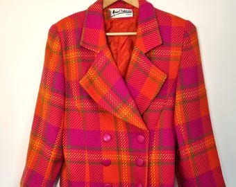 Vintage 80s 90s Wool Jacket Size S M UK 10-12 Tartan Pink Orange Alain Chabason Wide Shoulders
