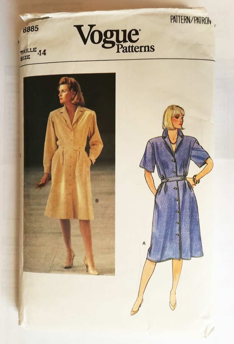 80s 9s Shirt Dress Sewing Pattern mid length long or short sleeves buttoned and collared Vogue 8885, Size 14 80s 9s Shirt Dress Sewing Pattern mid length long or short sleeves buttoned and collared Vogue 8885, Size 14